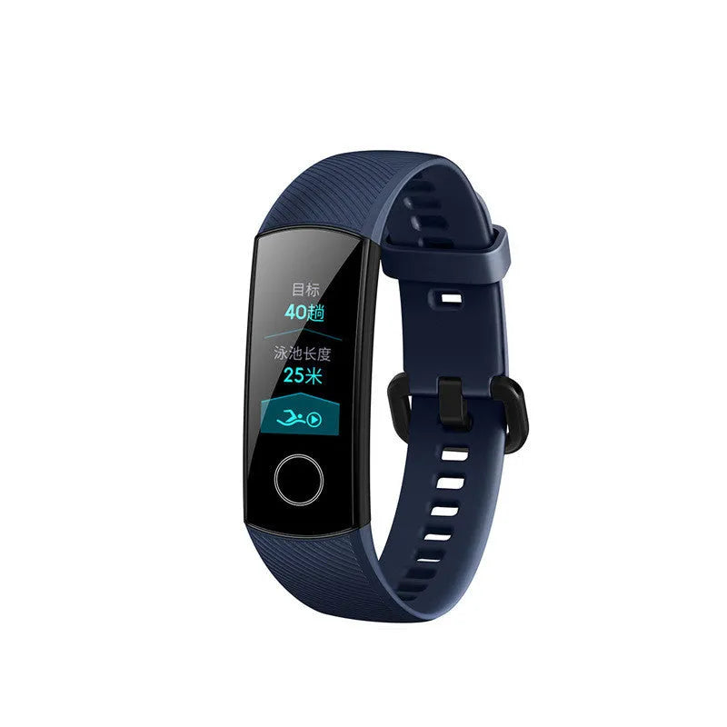 Silicone waterproof swimming heart rate sleep bracelet in black, blue, and pink with USB charger