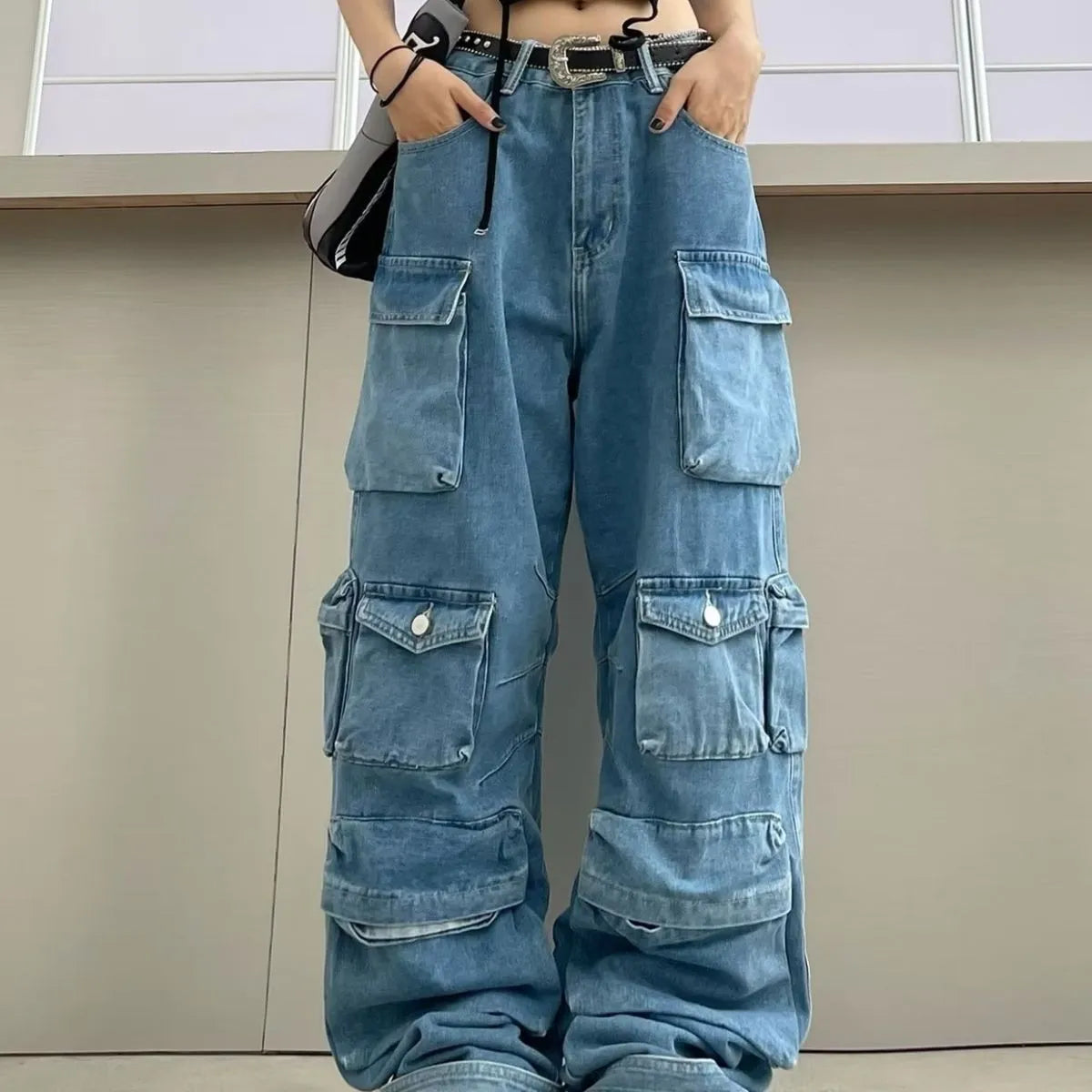 Women's high waist wide leg jeans in tie-dyed denim with multi-pocket street hipster styling