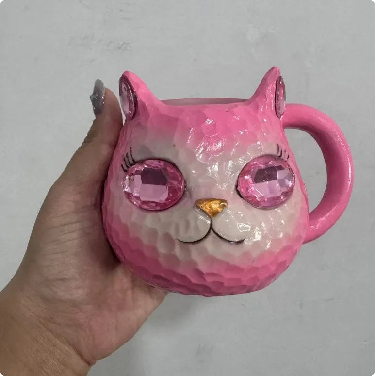 Cat cup resin craft ornament in purple, green, blue, or pink colours for desk display