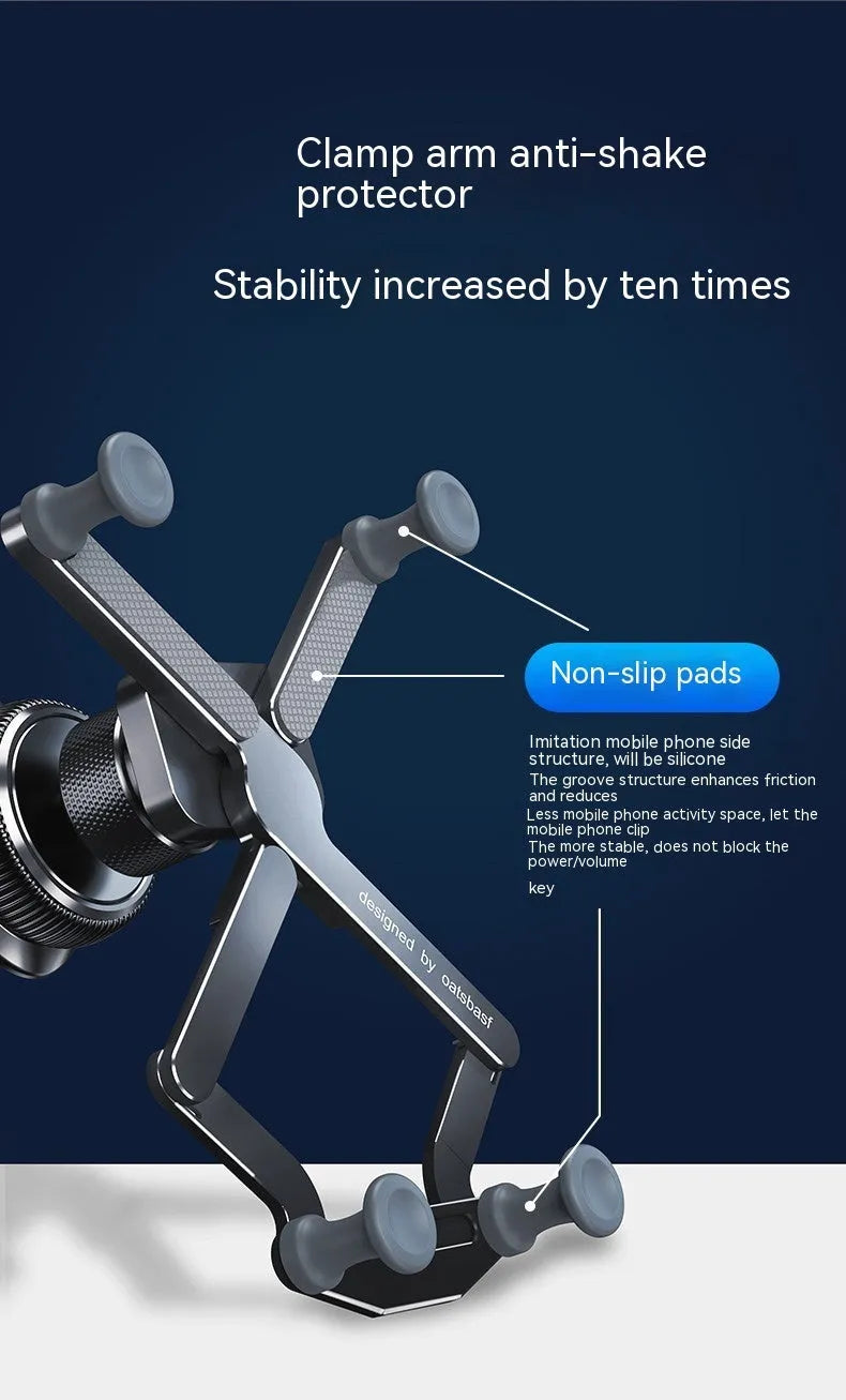 Silver aluminum alloy car air vent phone holder bracket with snap-on clip.
