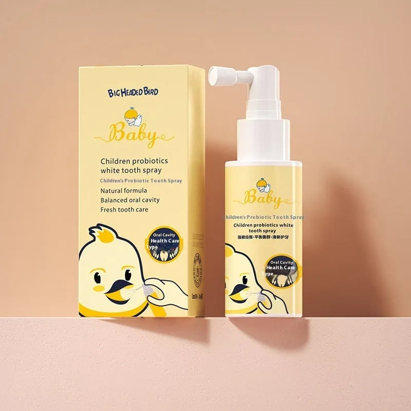 Children's probiotics oral spray bottle with strawberry and orange flavour options for teeth cleaning