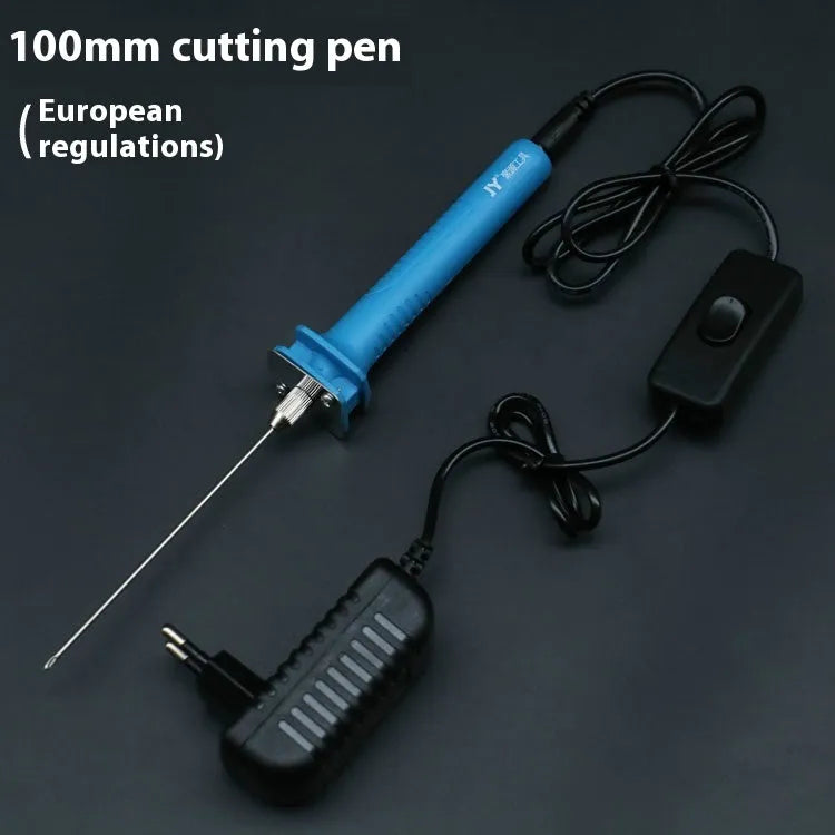 Blue electric heating foam cutter pen with plastic handle and long metal blade on a workbench.
