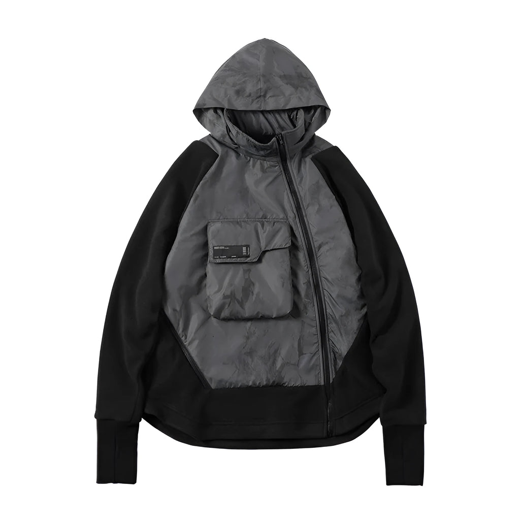 Men's black cotton fleece jacket with hood and trend stitching, loose fit