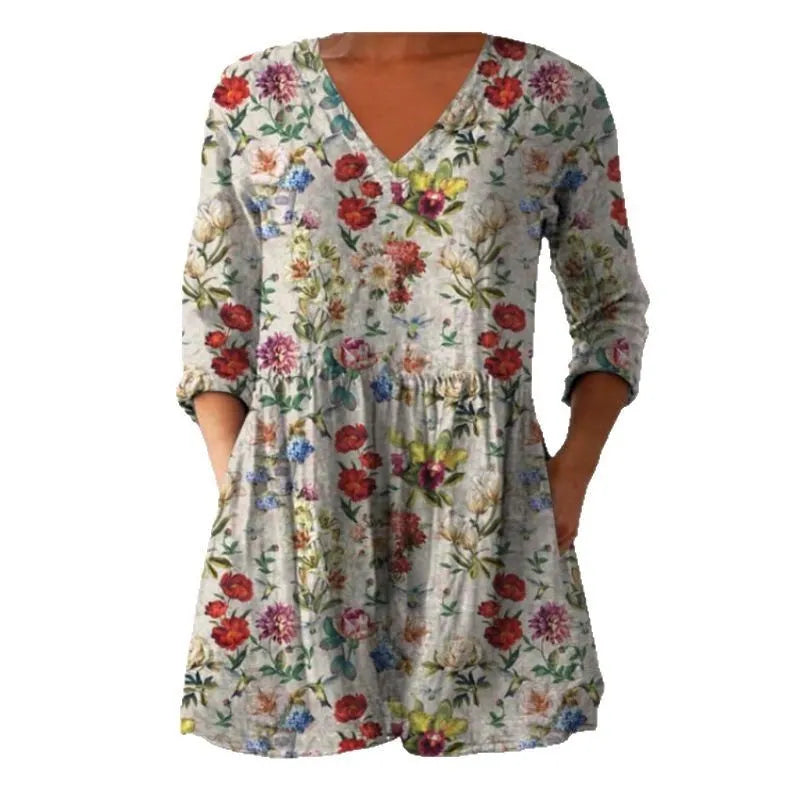 Women's printed loose dress with wave pattern, 3/4 sleeves and elastic waistband
