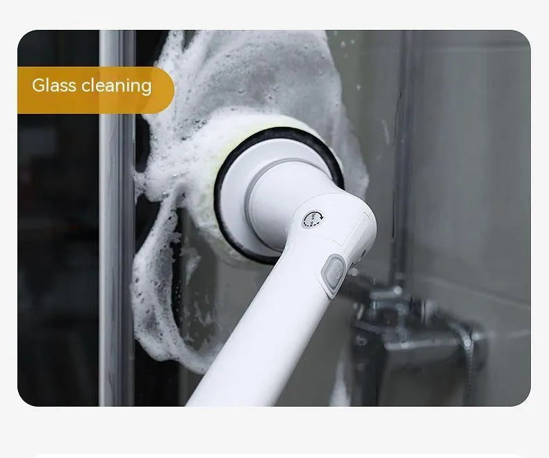 White electric scrubber cleaning brush with long telescopic handle and Type-C charging interface on a floor