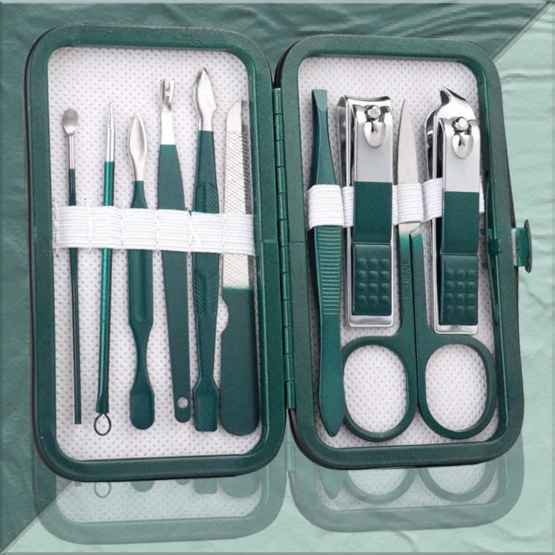 Emerald green manicure pedicure set in case with stainless steel and carbon steel nail clippers