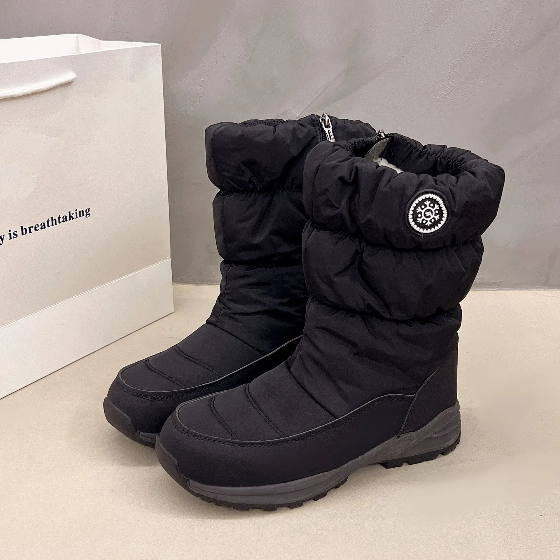 Women’s thickened cotton mid-calf snow boots with side zipper and chunky heel in black waterproof silk upper