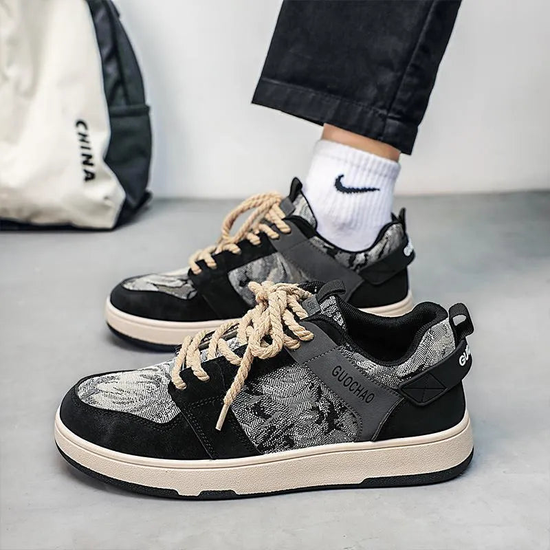Men's niche design oil painting sneakers in beige green with PU upper, low-top silhouette