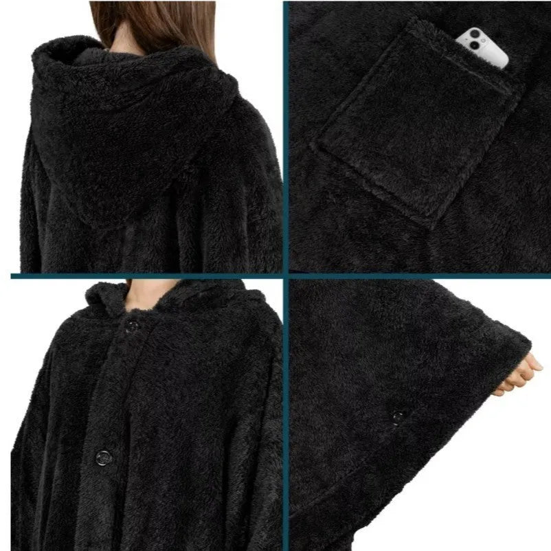 Super thick hooded bathrobe cloak in black, dark grey, or pink, showing cardigan style and long sleeves.