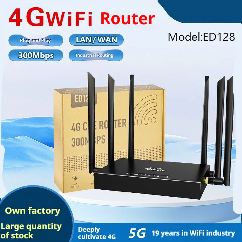 Industrial iron box 4G router with power adapter on a table, showing compact size and DC power port.