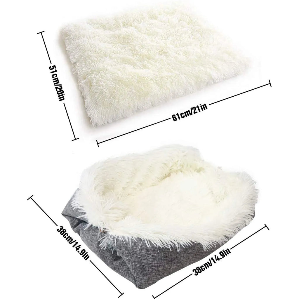 Grey and white fluffy double-layer pet blanket nest with black non-slip bottom, size 61x51cm
