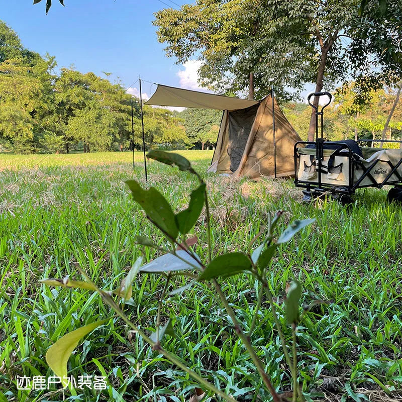 Brown two-person lightweight waterproof camping shelter tent with aluminium alloy frame set up outdoors