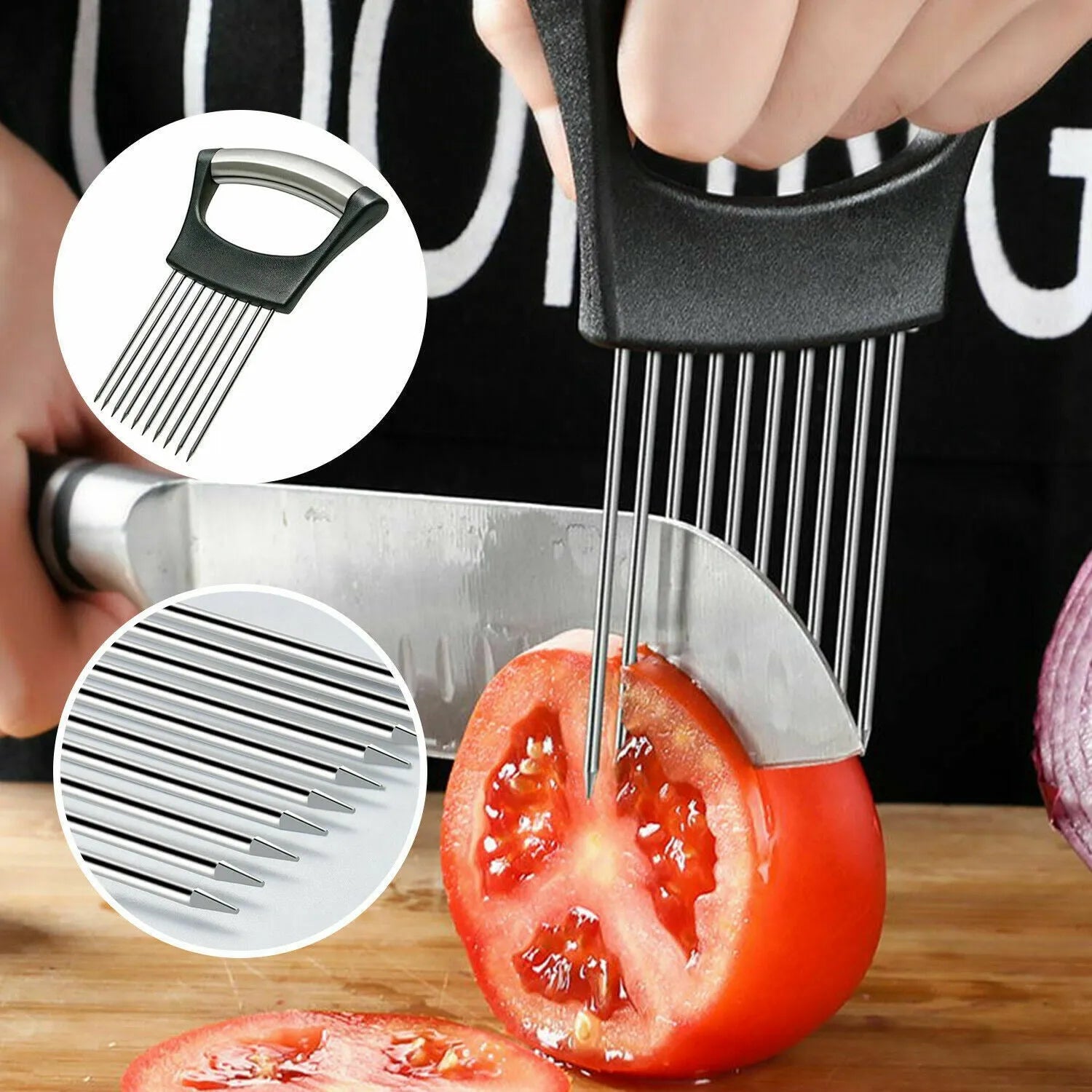 Stainless steel onion and tomato slicer holder with ABS handle on a kitchen counter
