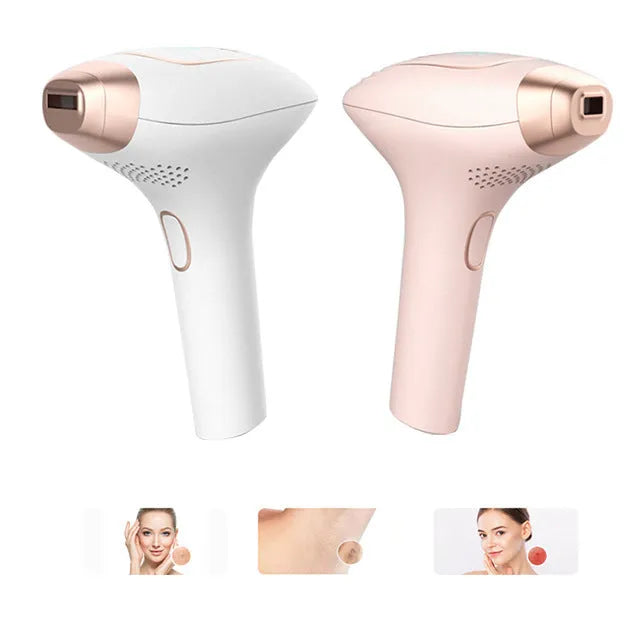 Pink and white three-in-one ice-sensing laser hair removal device with shaver and accessories.