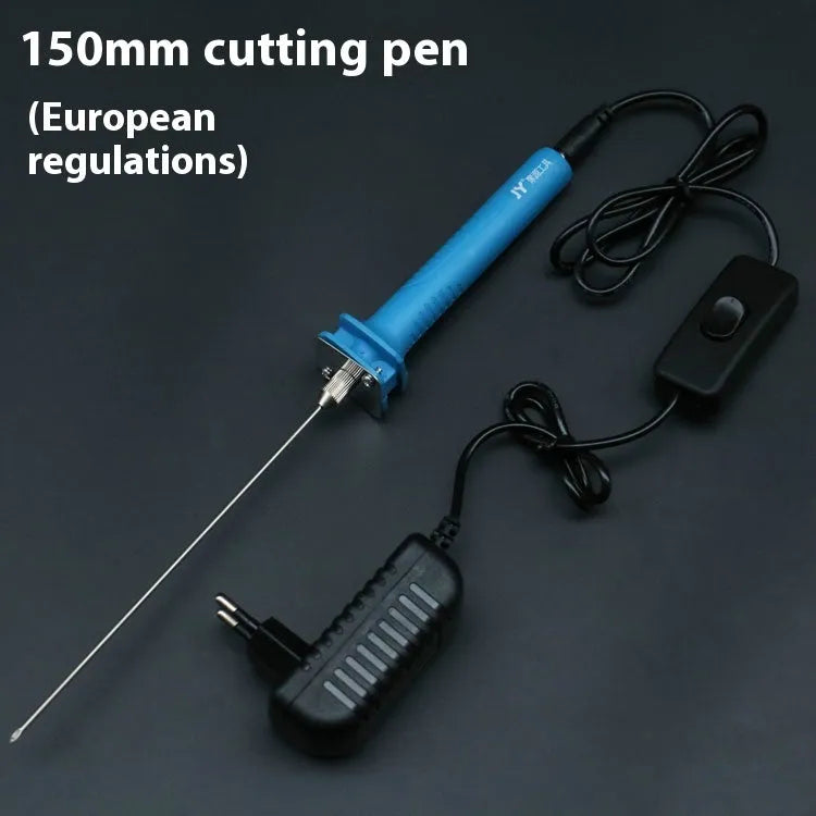Blue electric heating foam cutter pen with plastic handle and long metal blade on a workbench.