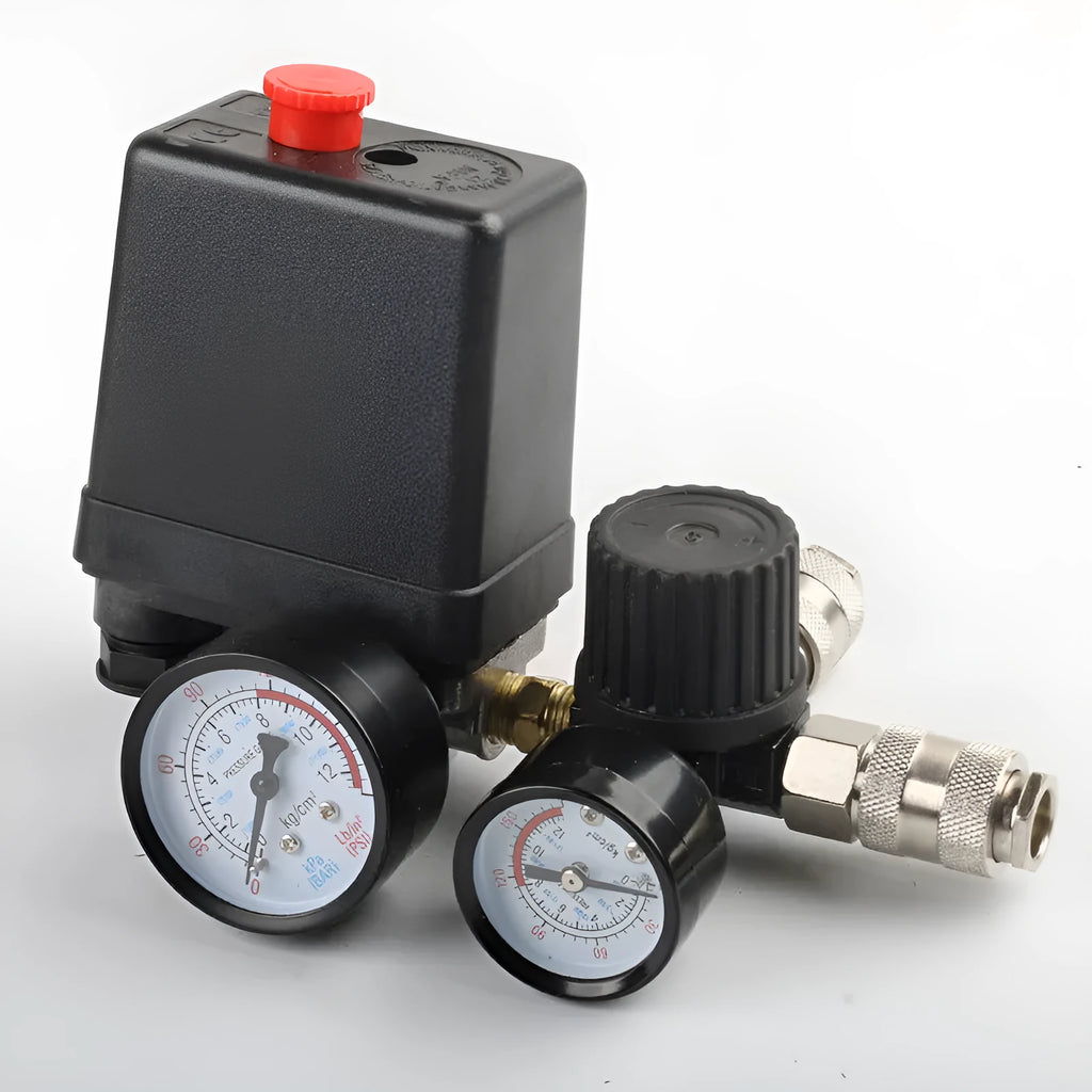 European style air compressor pressure regulating valve accessory with specifications visible