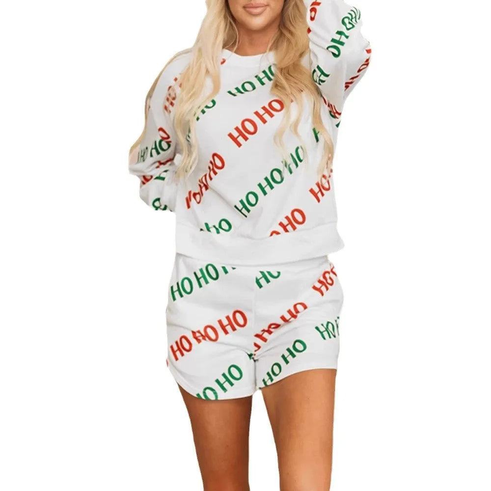 Women's white two-piece suit with printed letters, long sleeves and fifth pants in street fashion style