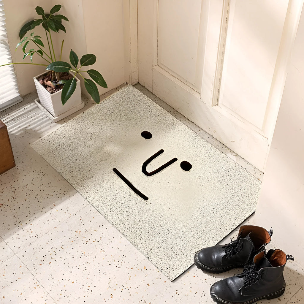 Square cartoon 'Mr. Big Nose' geometric pattern PVC floor mat with steel wire ring edge.