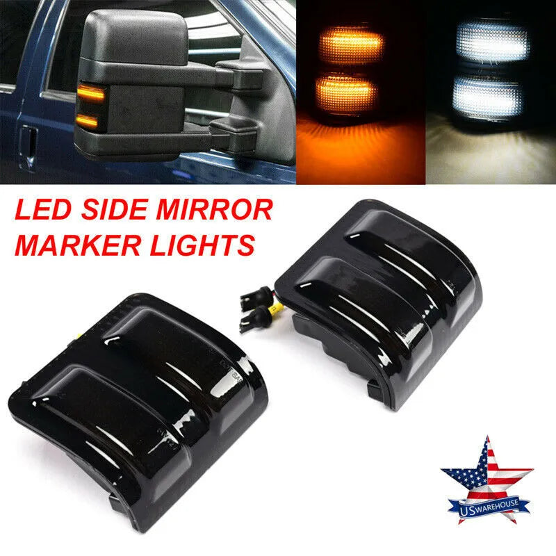 Ford F250 F350 F450 F550 3-grid LED front mirror lights with clear shell and yellow-white running water mode