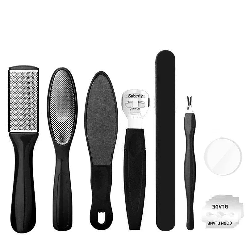 Black pedicure tool set with stainless steel foot planer and foot scrapers