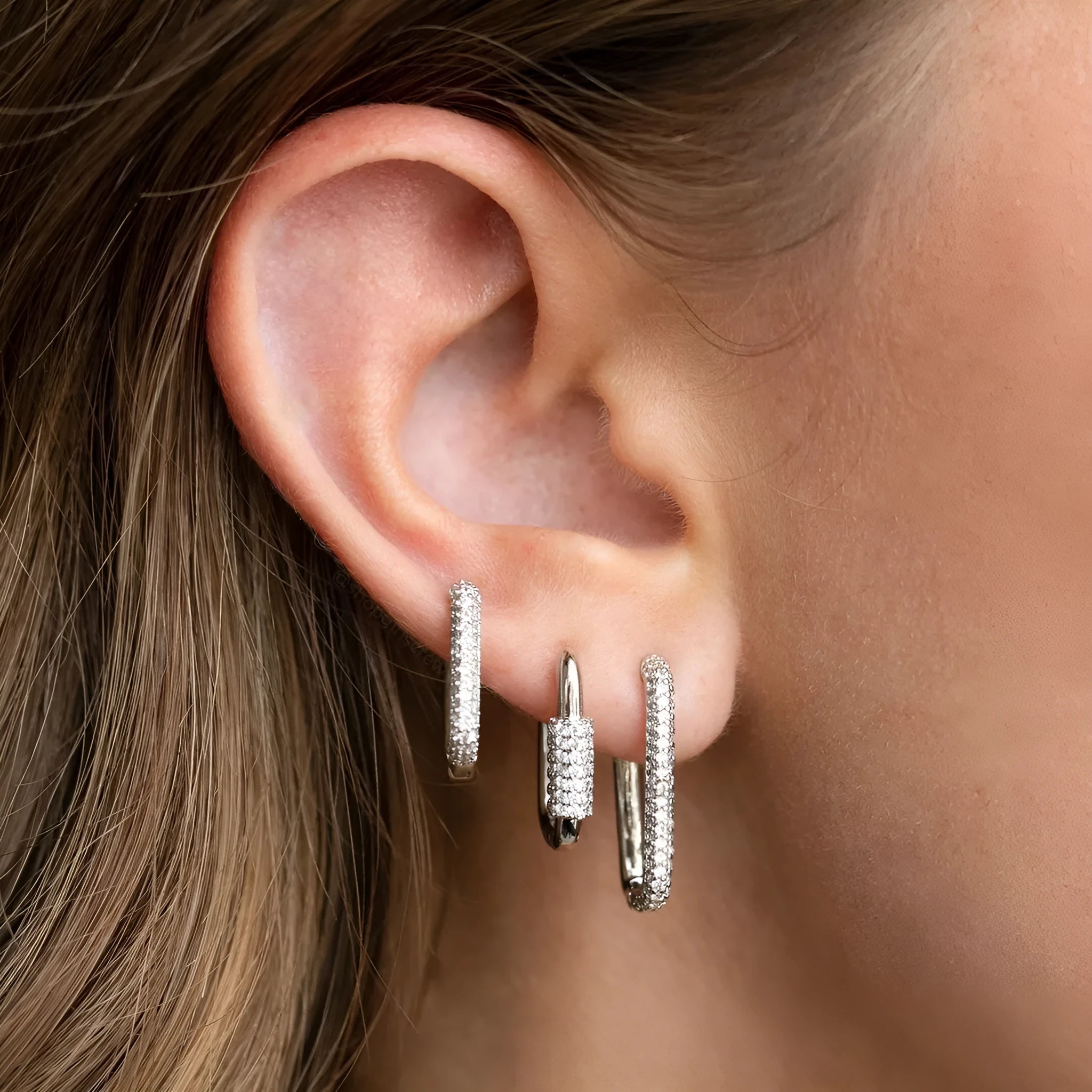 Geometric copper ear clip three-piece set with micro inlaid zircon details in gold or white k colours
