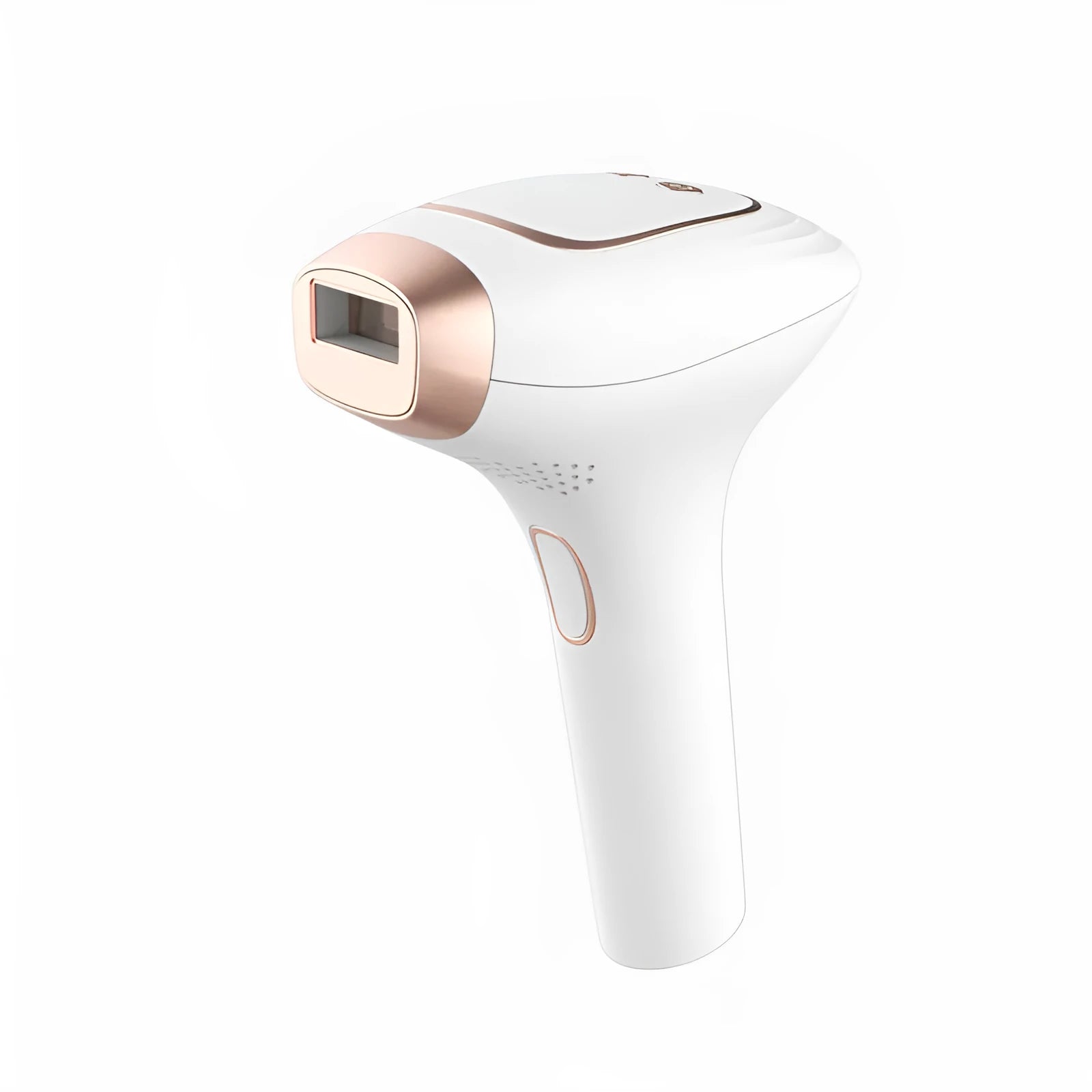 Pink and white three-in-one ice-sensing laser hair removal device with shaver and accessories.