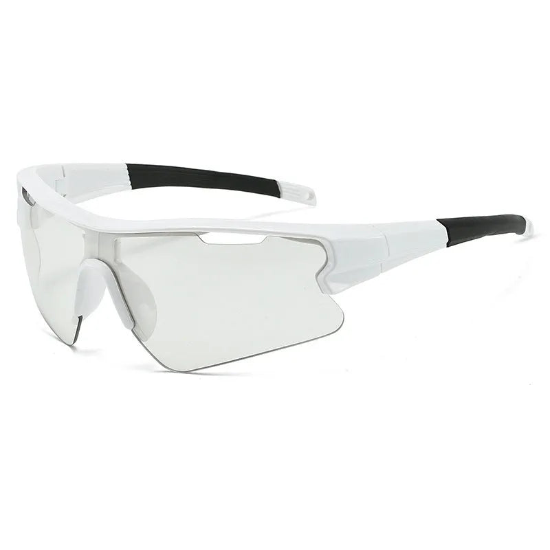 Windproof sports cycling sunglasses in black frame with grey lens on outdoor background.