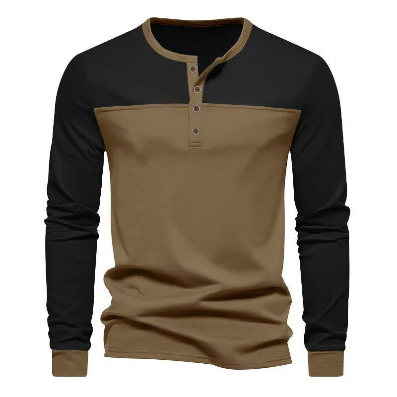 Men's long-sleeve henley collar casual shirt in a retro colour-block design