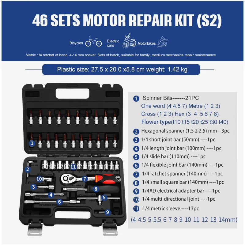 Chromium vanadium steel socket ratchet wrench set with ratchet handle and assorted sockets for repair.