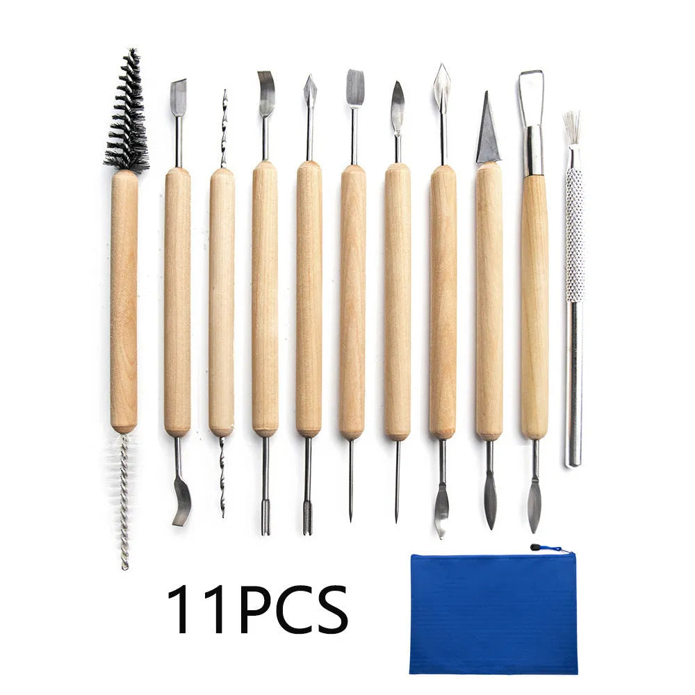 11-piece clay tools set with wooden handles and stainless steel ends arranged on a surface, blue bag option visible