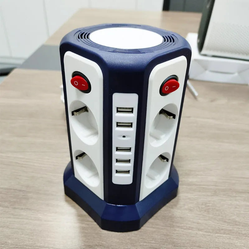 Desktop socket European standard 4 USB socket board in black vertical power strip with 3 sockets and 4 USB ports