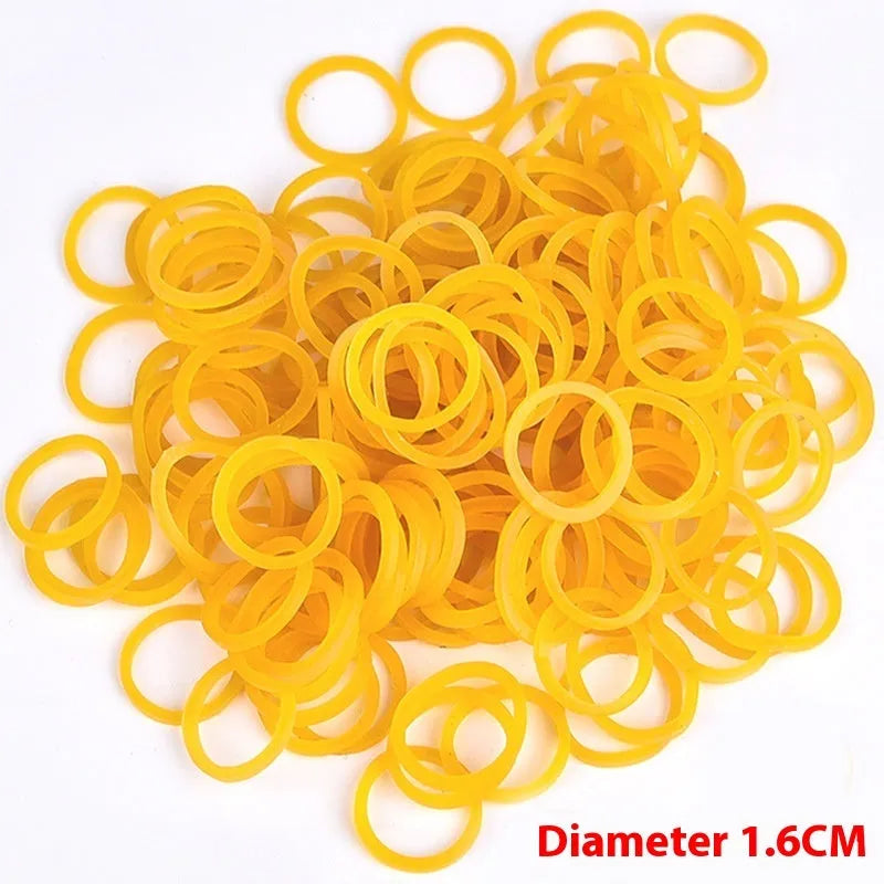Bulk pack of yellow rubber bands in various sizes including 16mm, 25mm, and 50mm diameters on white background