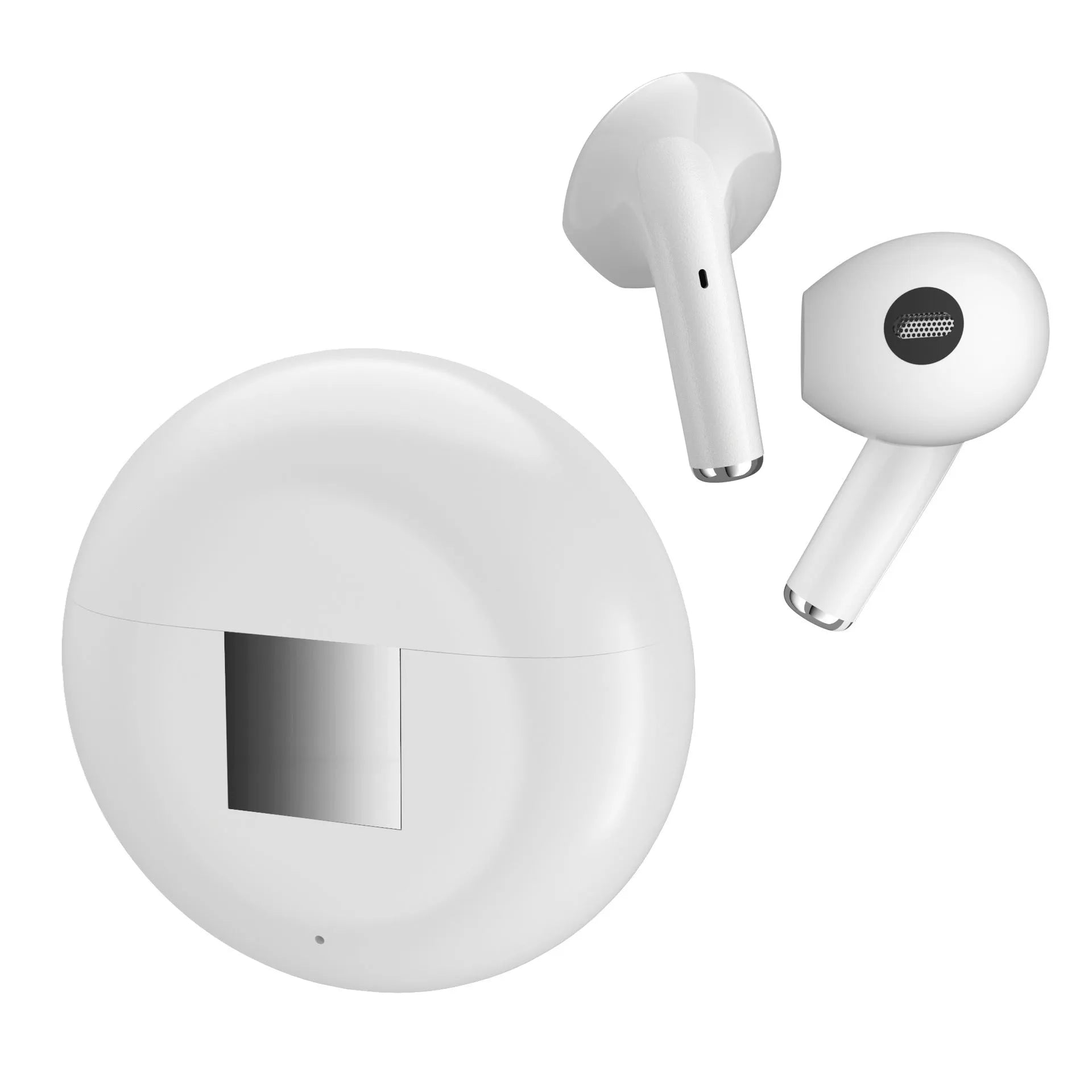 White Wireless Budz5 Bluetooth earbuds with semi-in-ear design and charging case on a grey background.