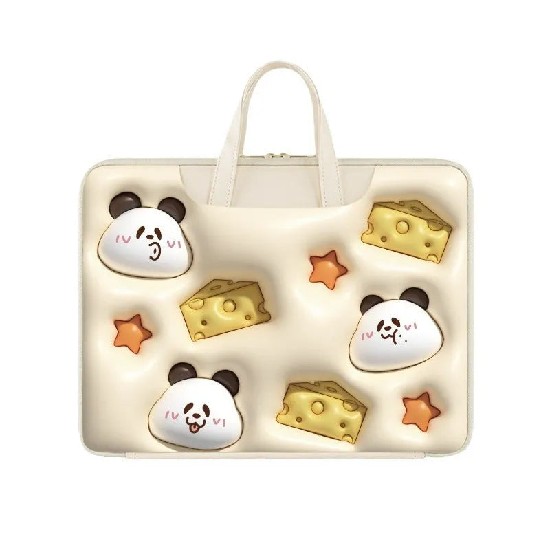 Inflatable grey laptop bag with a cute panda design, showing the inflation valve and back strap for attaching to suitcase handle.