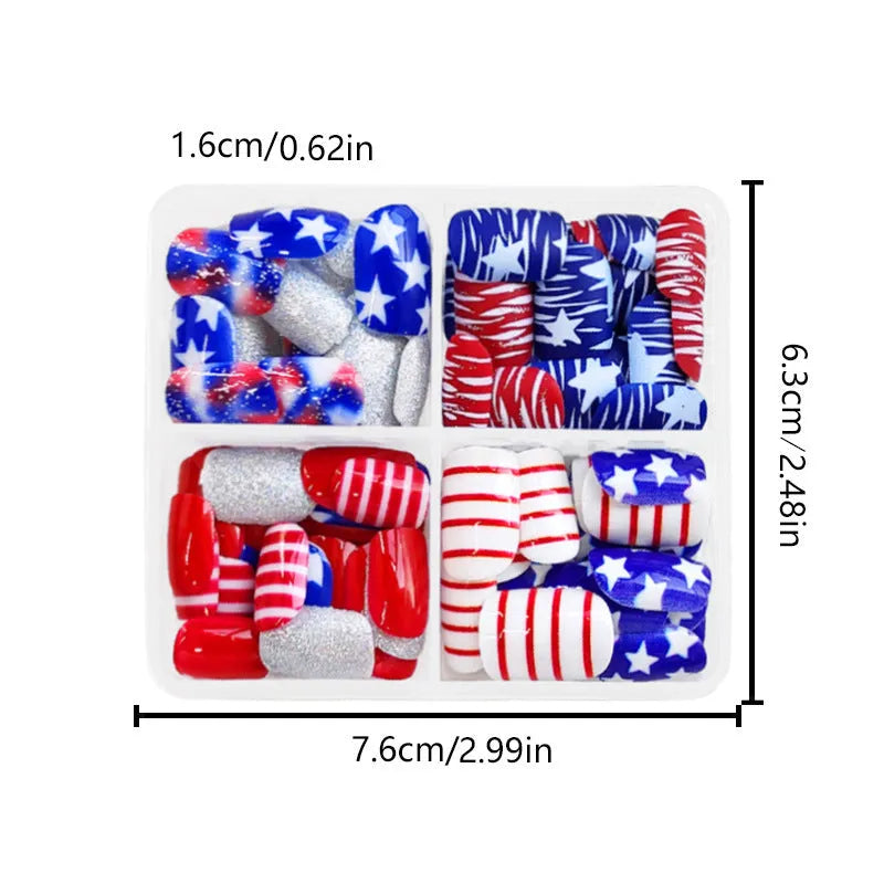 Red and blue multicolor glitter nail tips with European Square short length design