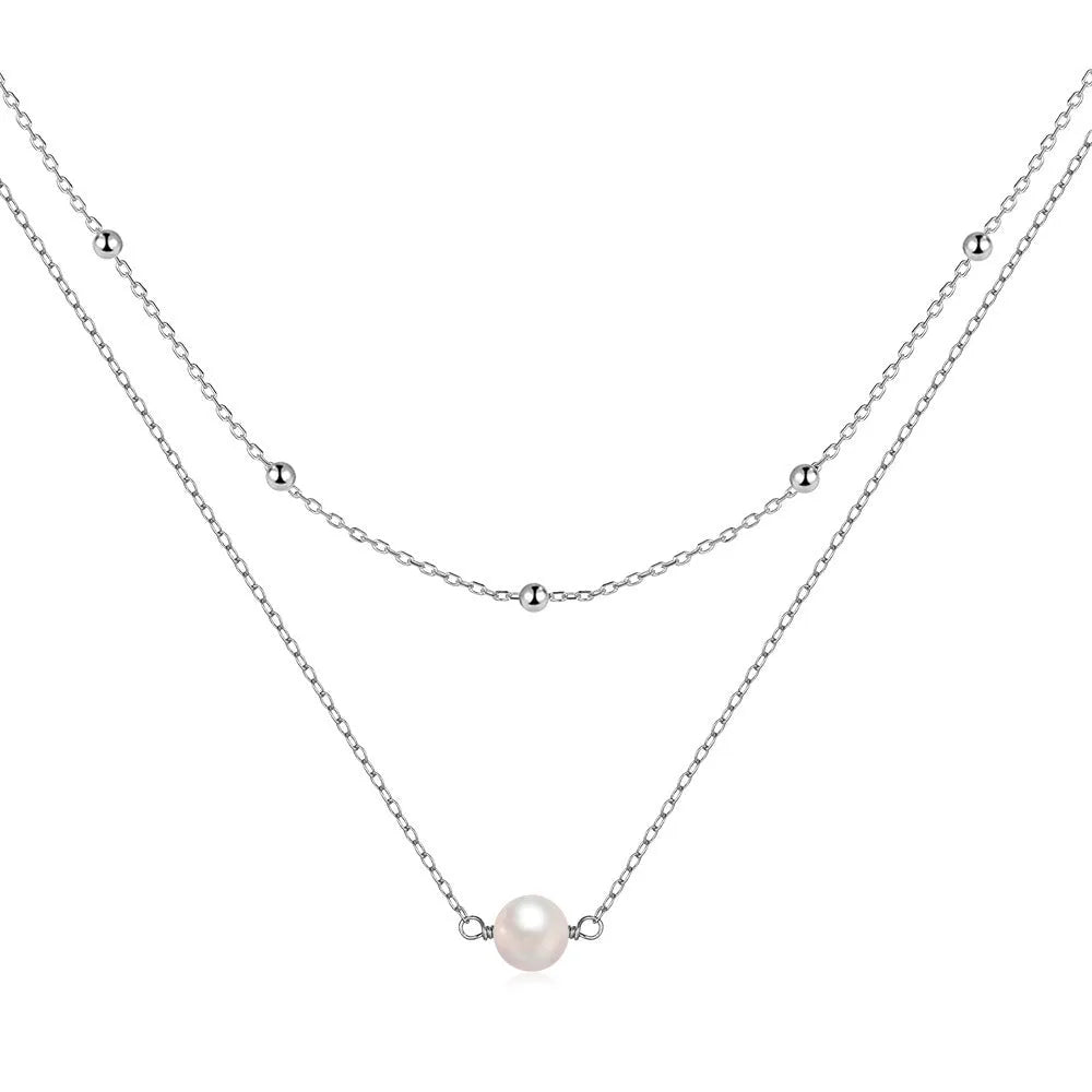 S925 sterling silver double layer necklace with twin geometric pearls in gold or white gold colour options