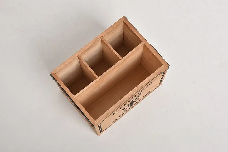 Wooden kitchen storage box with internal grid divider for organising cutlery and chopsticks