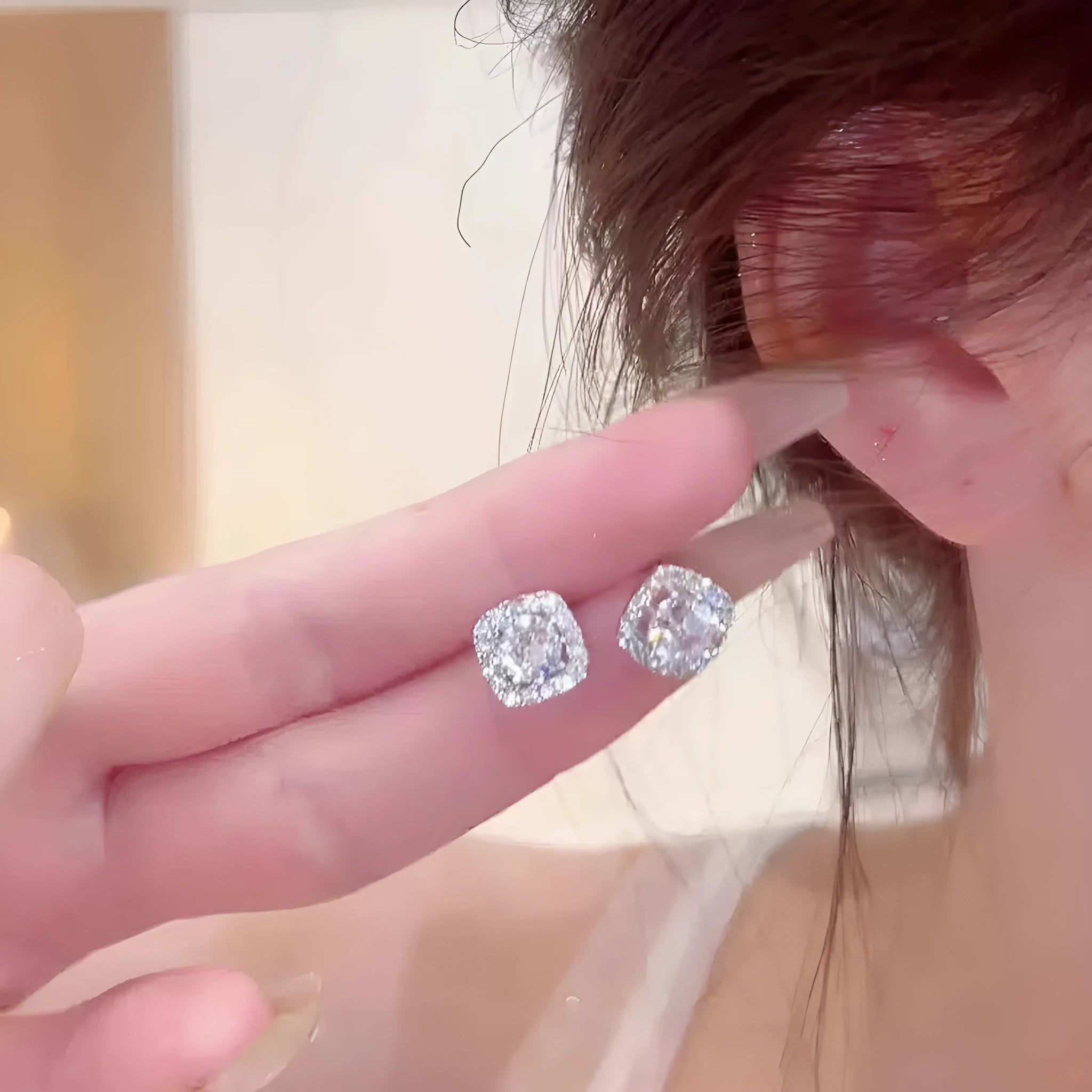 Geometric square diamond earrings in gold and silver alloy with quadrilateral design