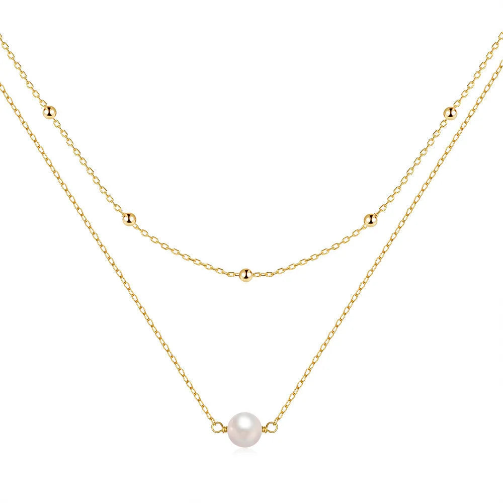 S925 sterling silver double layer necklace with twin geometric pearls in gold or white gold colour options