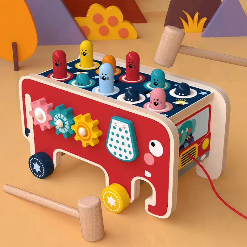 Montessori wooden pounding bench with red hammer and cute hamster toy for toddlers