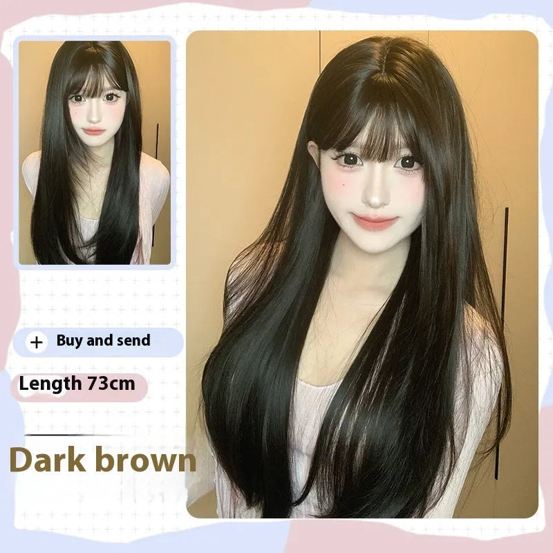 Dark brown long straight synthetic wig with bangs on wig head, showing full-head coverage