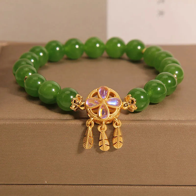 Women's bracelet with green jasper crystal four-leaf clover dream catcher pendant