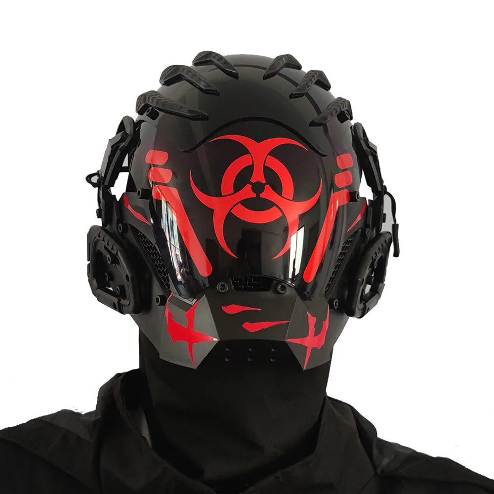 Black full-face cybernetic prop helmet with sci-fi design on a model or stand.