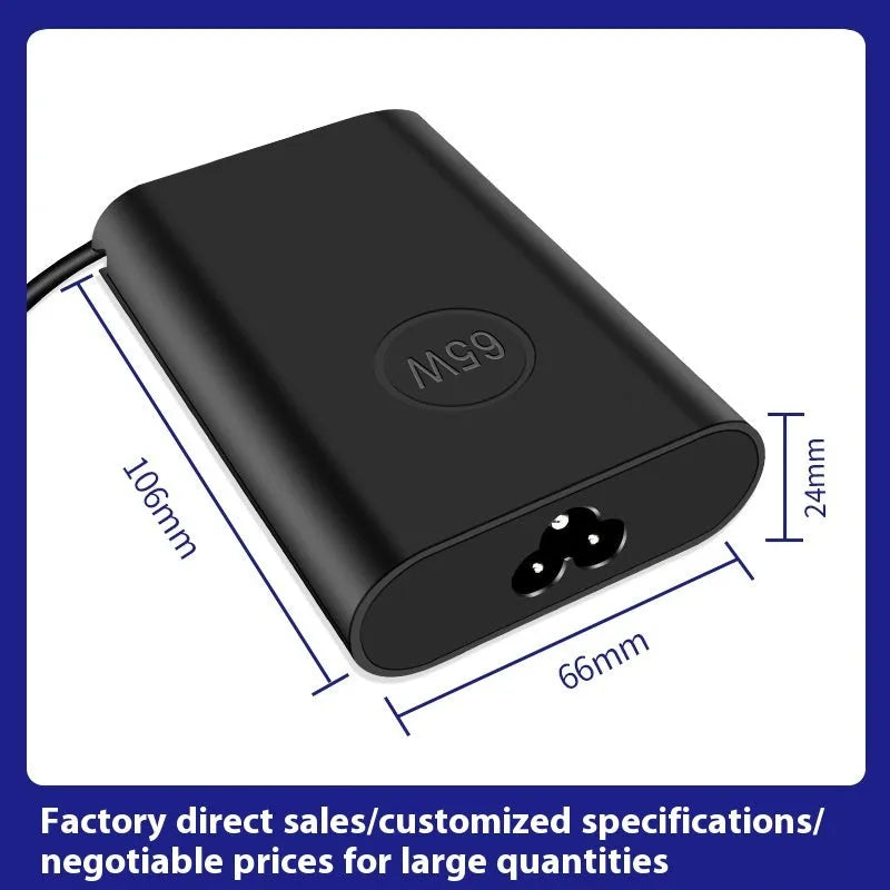 Black 65W USB-C laptop power adapter with set of international plug cords.