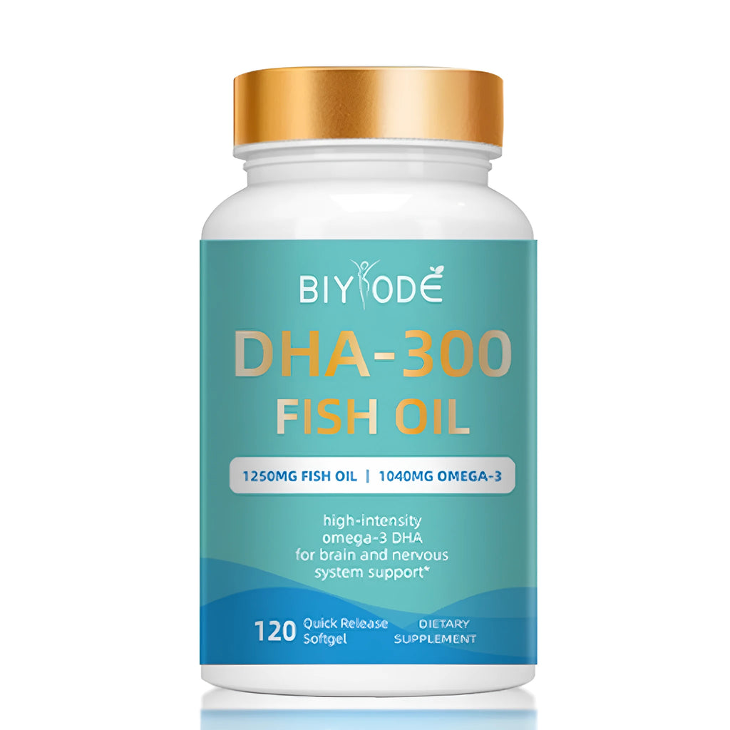 Bottle of DHA-300 Omega-3 fish oil softgels, 120 count, for joint and immune support