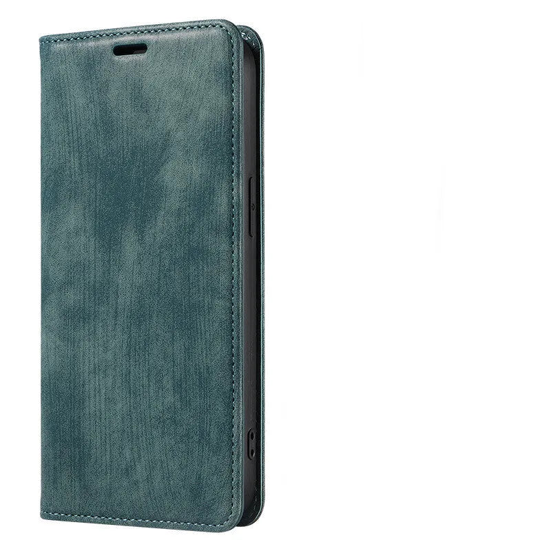 Magnetic flip leather phone case for iPhone in grey, showing front cover closed.