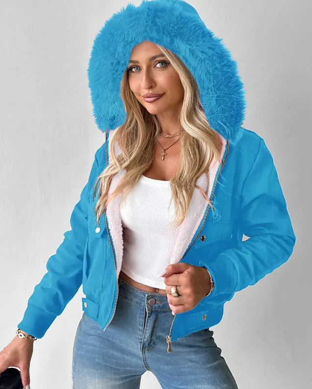 Women's casual hooded jacket with furry lining in Black, long sleeves, polyester fabric