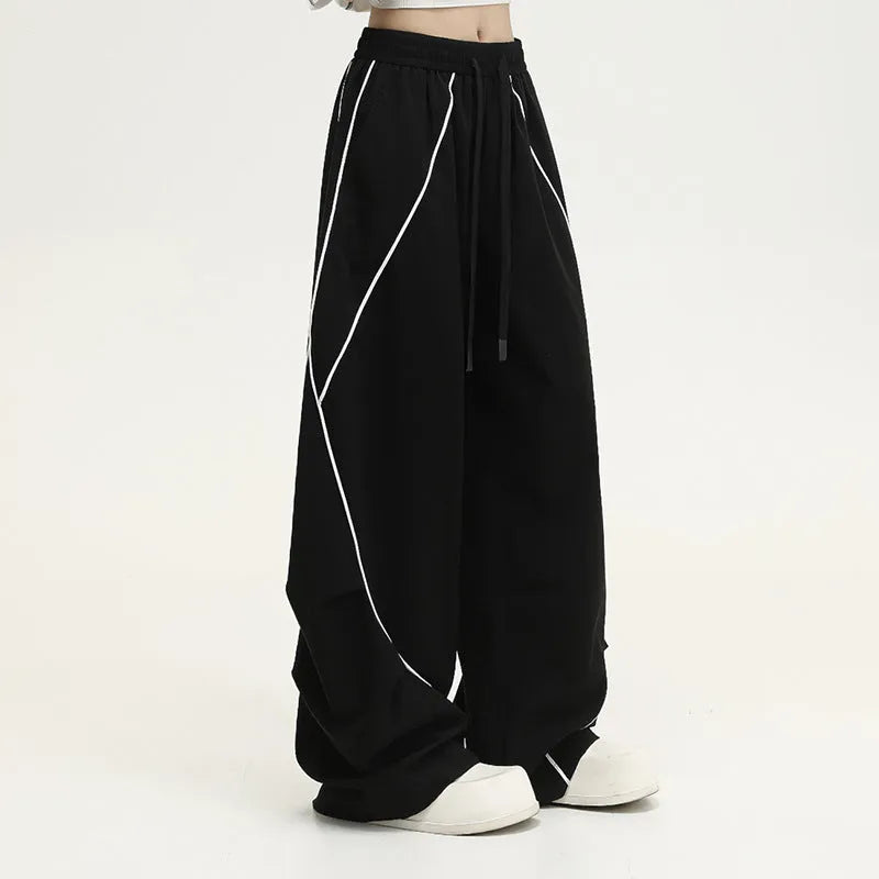 Black pleated wide-leg hip hop sports trousers with a striped pattern