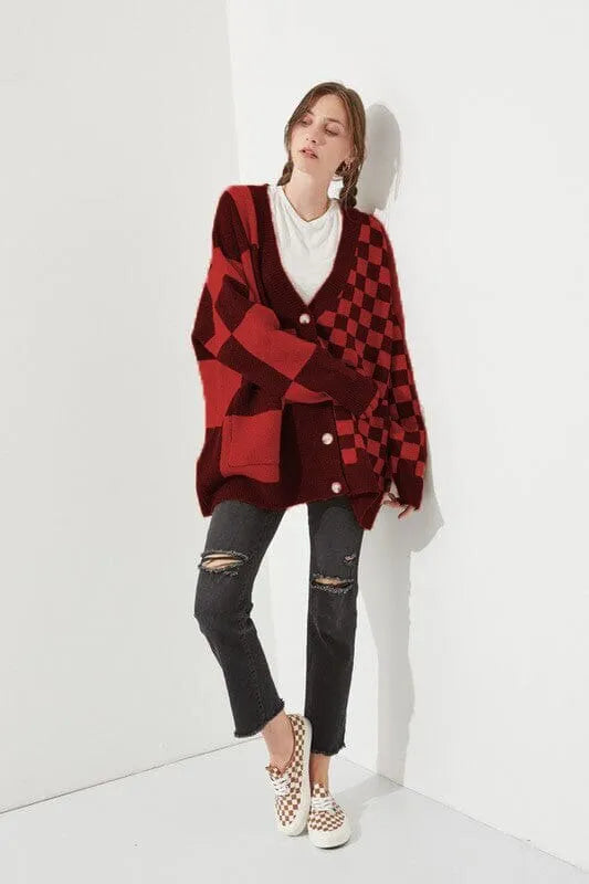 Women's loose slim fit printed checks knitwear cardigan in polyester spandex fabric