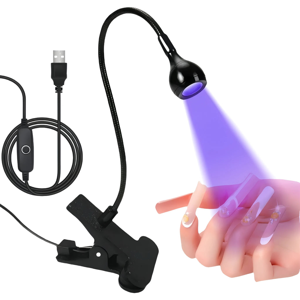 Goose neck nail lamp with USB clip, 395nm purple light curing UV glue on nails in a home manicure setting.